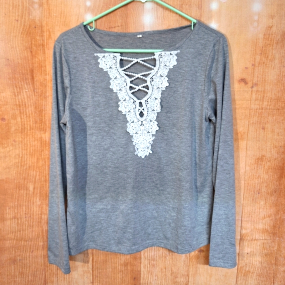 Gray Lace-Accent Women's Top